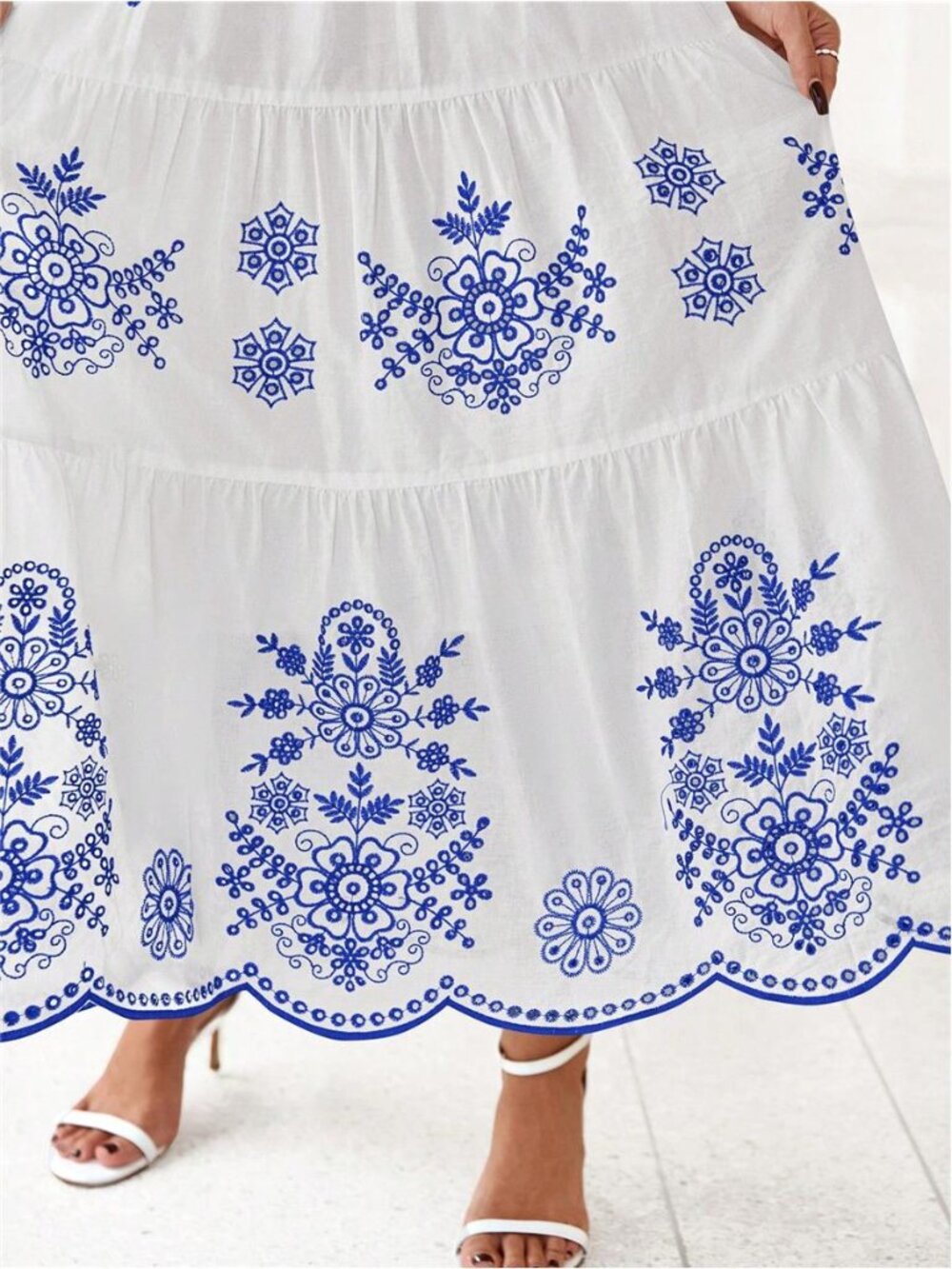 NEW - Blue & White Boho Embroidered Maxi Dress with Pockets - Picture 6 of 7
